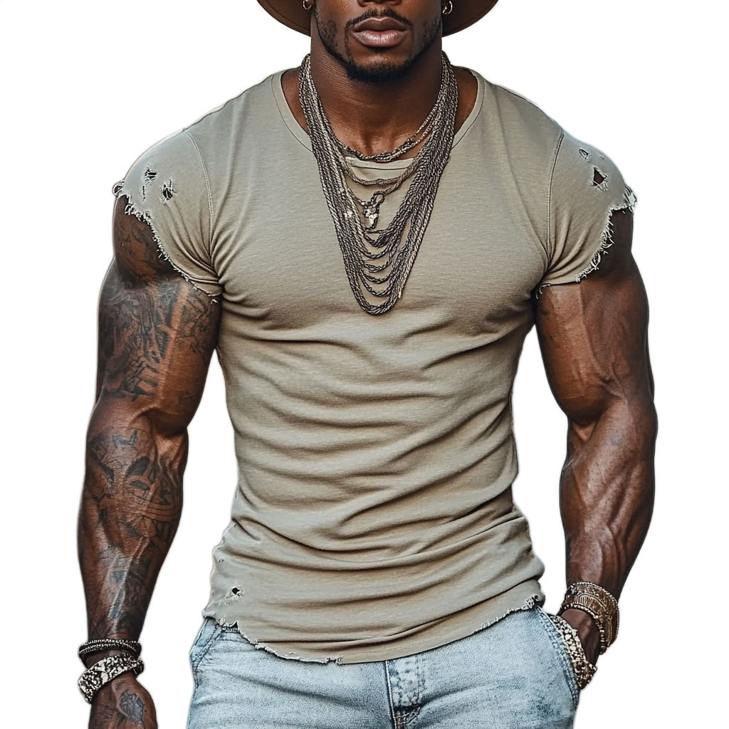 Men's fashionable casual tight khaki short-sleeved T-shirt with holes