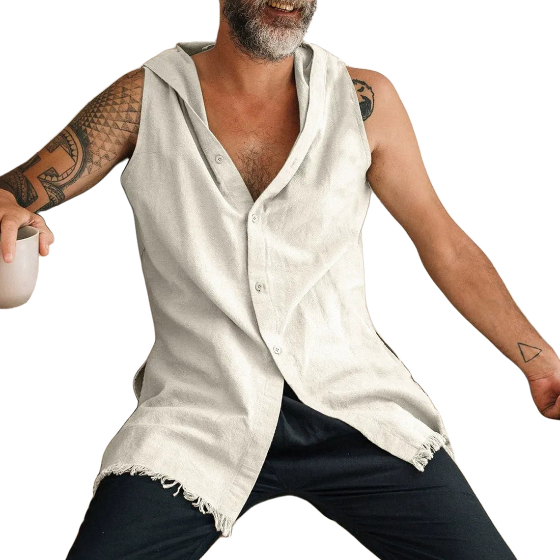 Men's summer sleeveless cotton and linen hooded vest