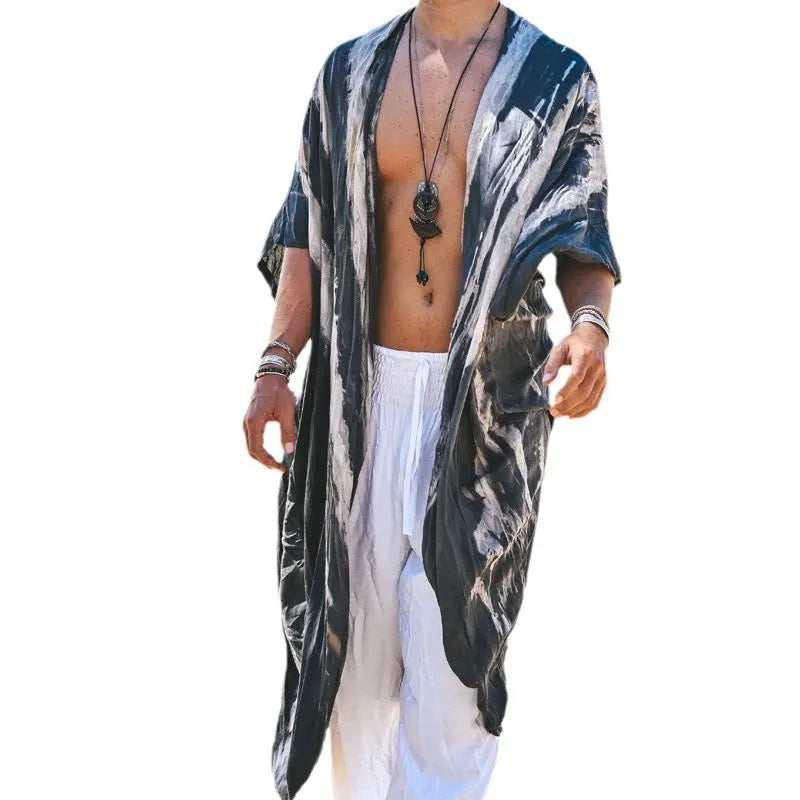 Men's fashionable casual geometric printed long gown coat