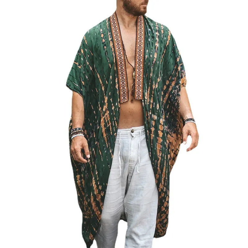 Men's beach sun-protective clothing, casual printed shirt fashionable cape coat