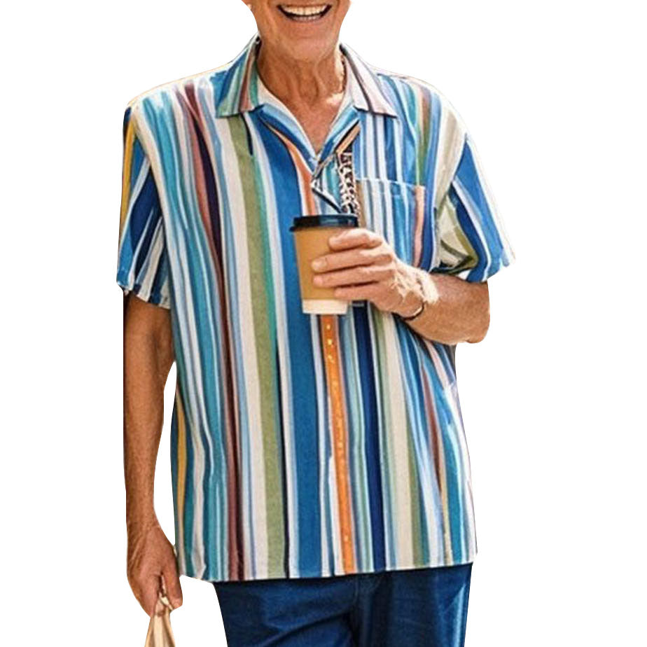 Chemise à manches courtes à rayures arc-en-ciel décontractée et tendance pour homme