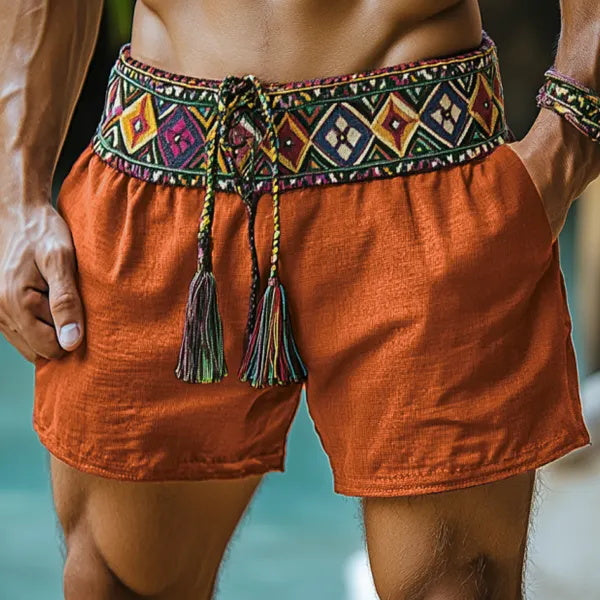 Short en lin décontracté style bohème ethnique pour homme