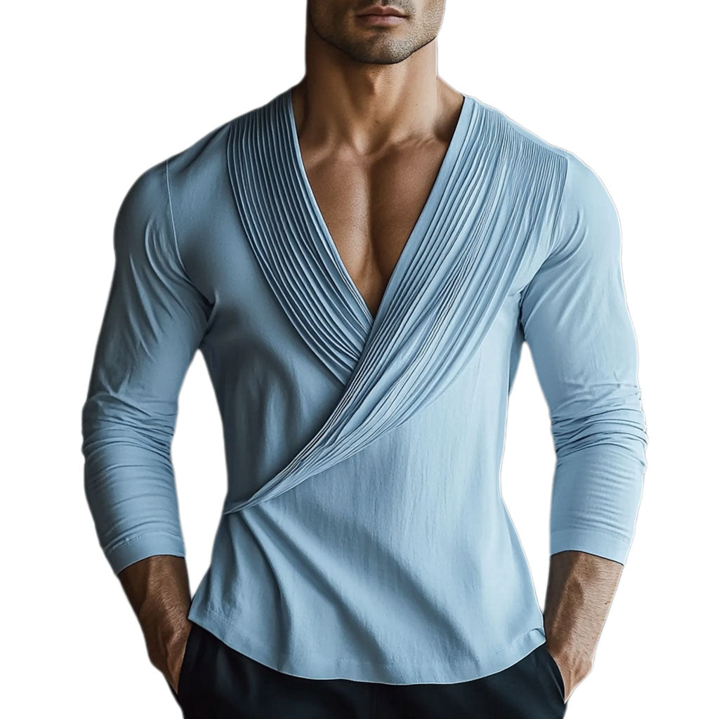 Men's fashionable casual light blue pleated V-neck long-sleeved top