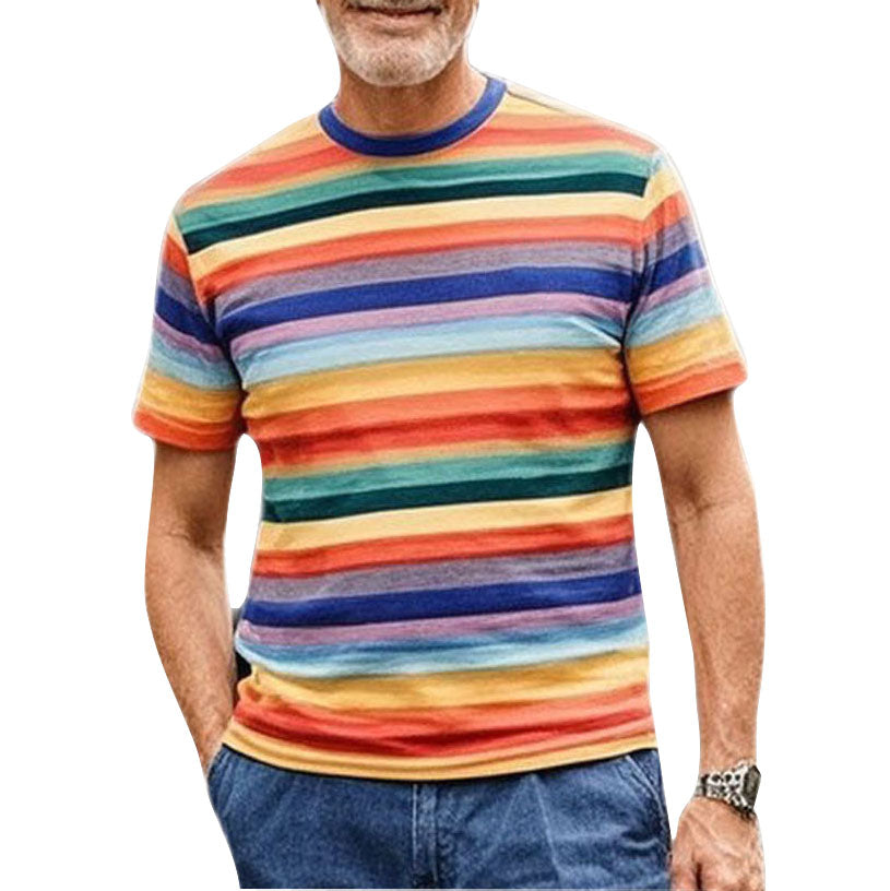 T-shirt à col rond à rayures arc-en-ciel pour homme, décontracté et tendance