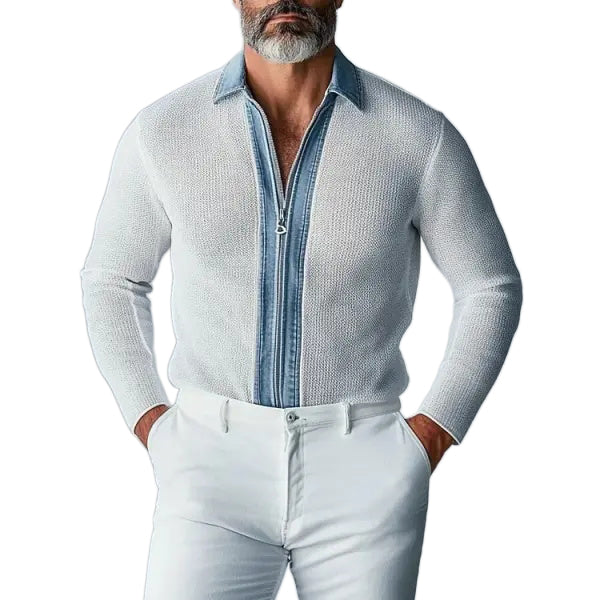 Men's Elegant Denim Patchwork Denim Collar Shirt