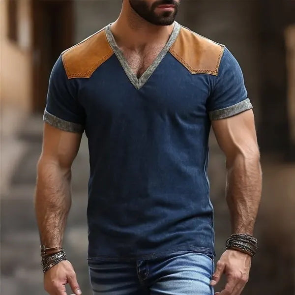 Men's Retro Casual Leather Stitching Short Sleeve T-Shirt