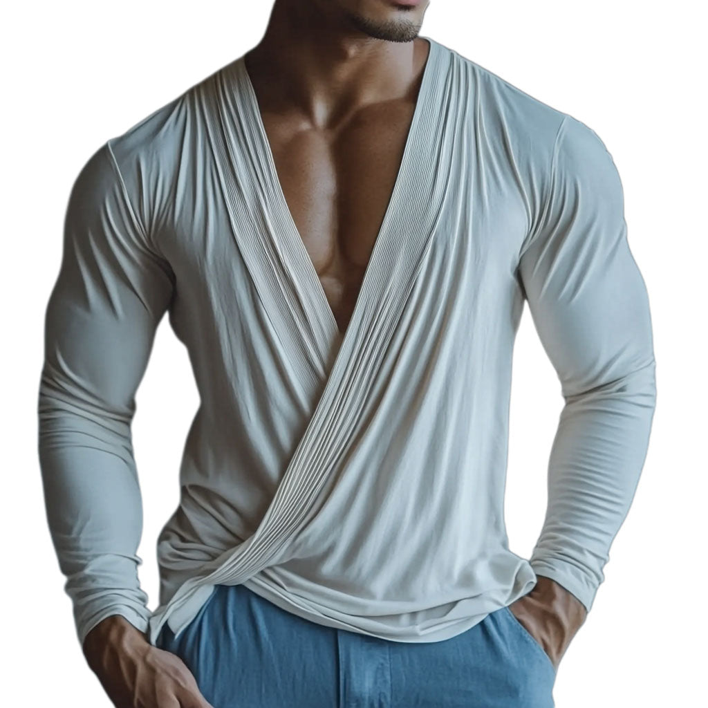 Men's fashionable casual beige pleated V-neck long-sleeved top