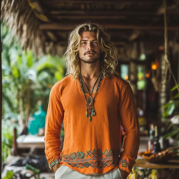 Herren-Oberteil im Bohemian-Urlaubsstil, Vintage-Stil, bedrucktes Leinen, lässig, langärmelig
