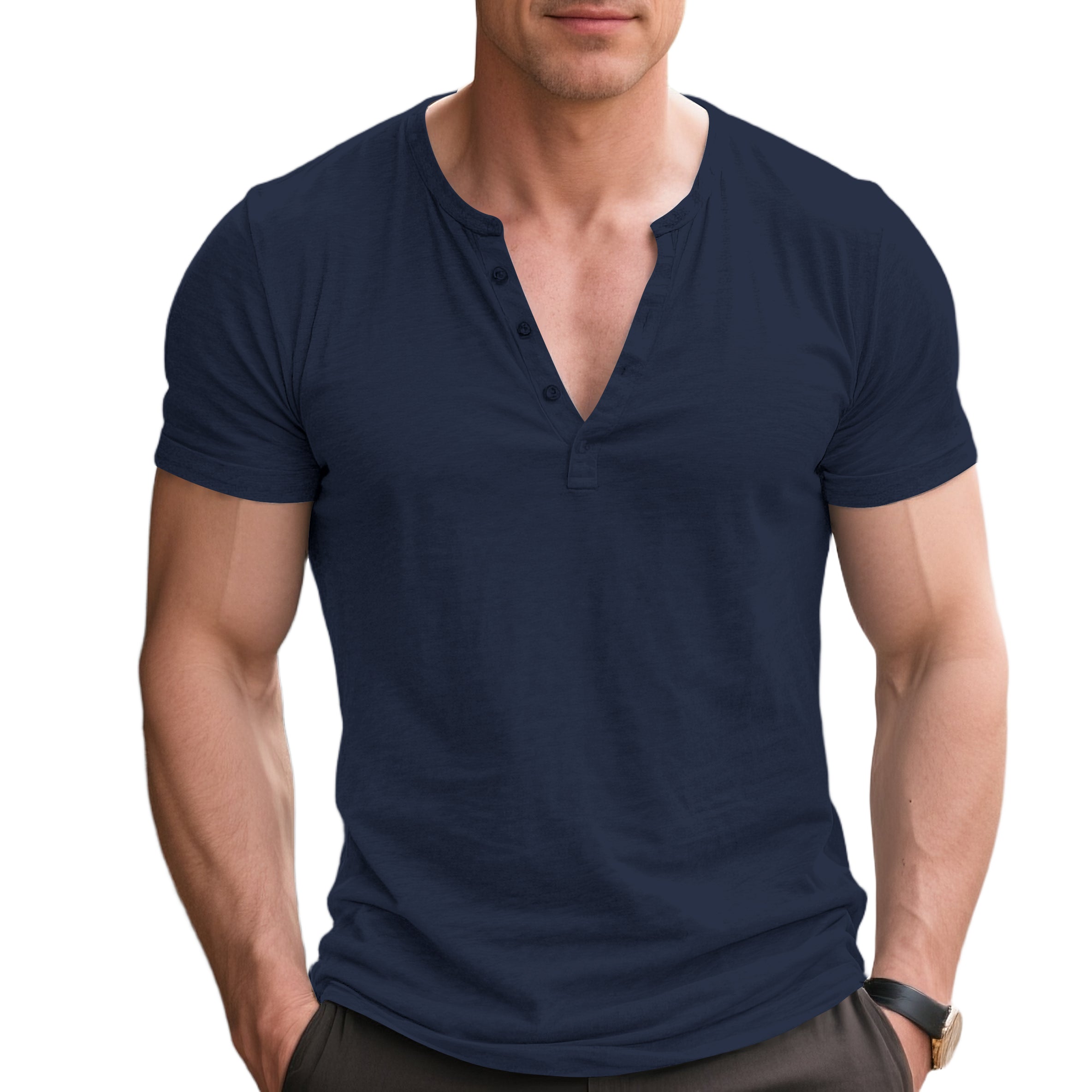 Chemise Henry décontractée à manches courtes et col en V pour homme