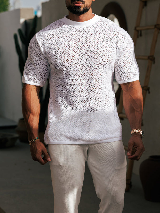 Crochet Crew T-Shirt Blue Short Sleeve