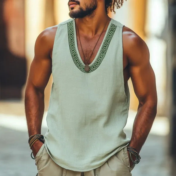 Men's Retro Casual Embroidered Linen Vest
