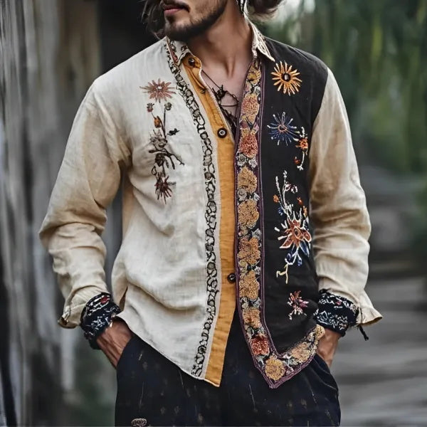 Herrenhemd aus Leinenmischung mit Blumenstickerei und Boho-Hippie-Print in Kontrastfarbe