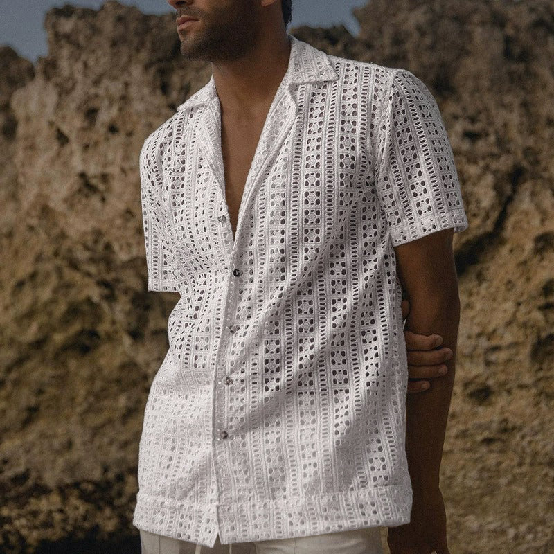 Men's fashionable casual solid-color cutouted short-sleeved shirt