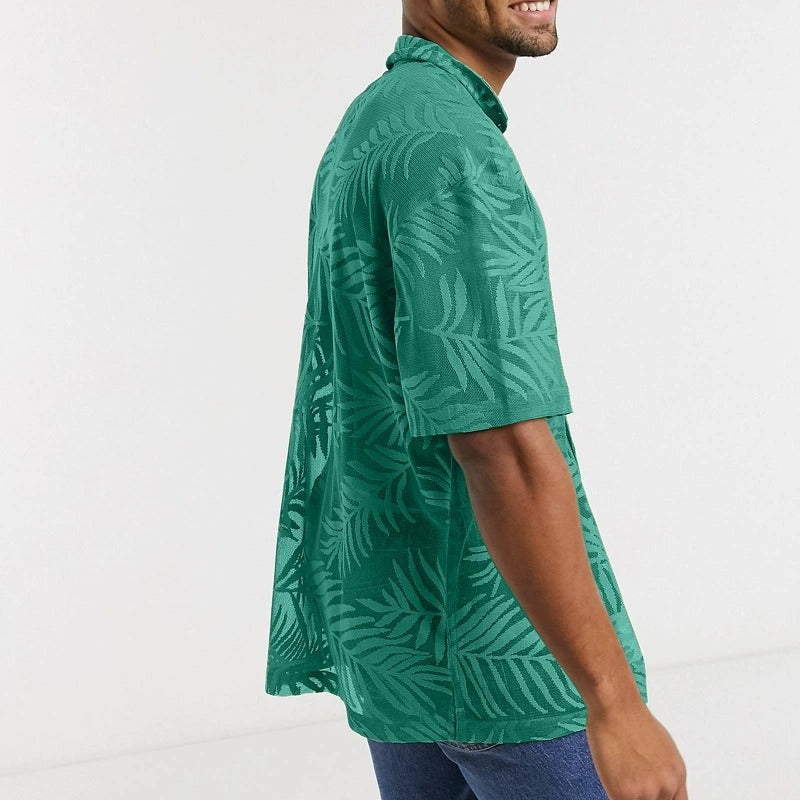 Men's fashionable casual short-sleeved shirt with palm leaf print