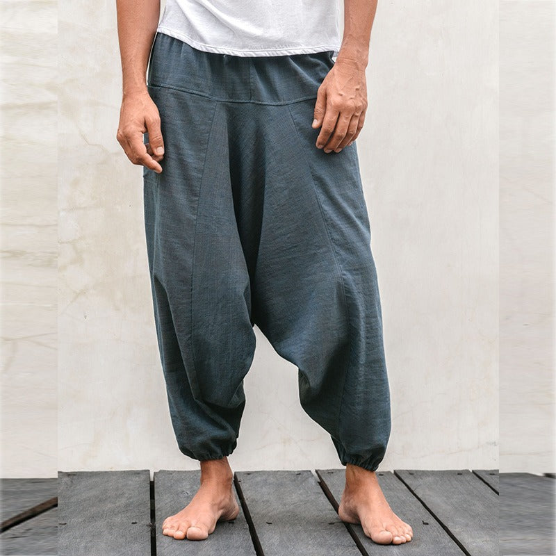 Men's fashionable and casual solid-colored cotton and linen trousers