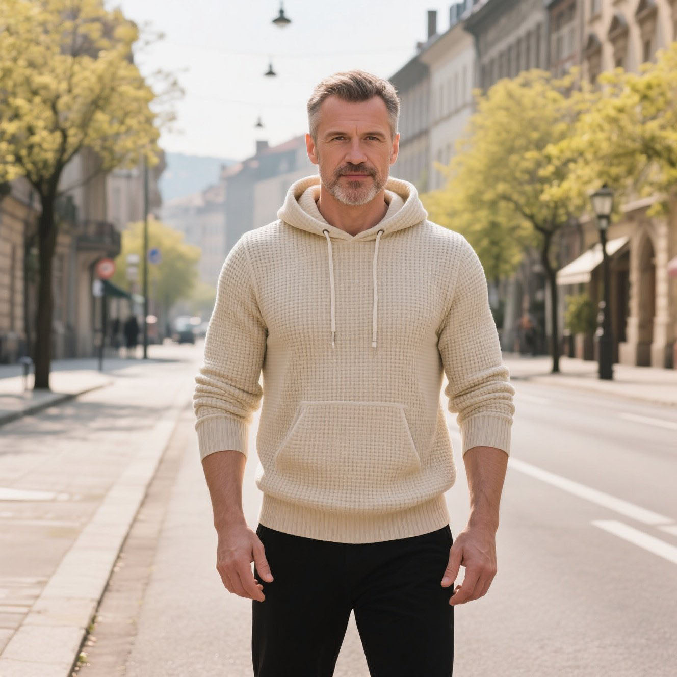 Men's fashionable casual waffle hooded sweatshirt