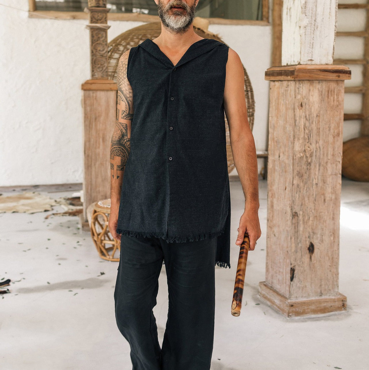 Men's summer sleeveless cotton and linen hooded vest