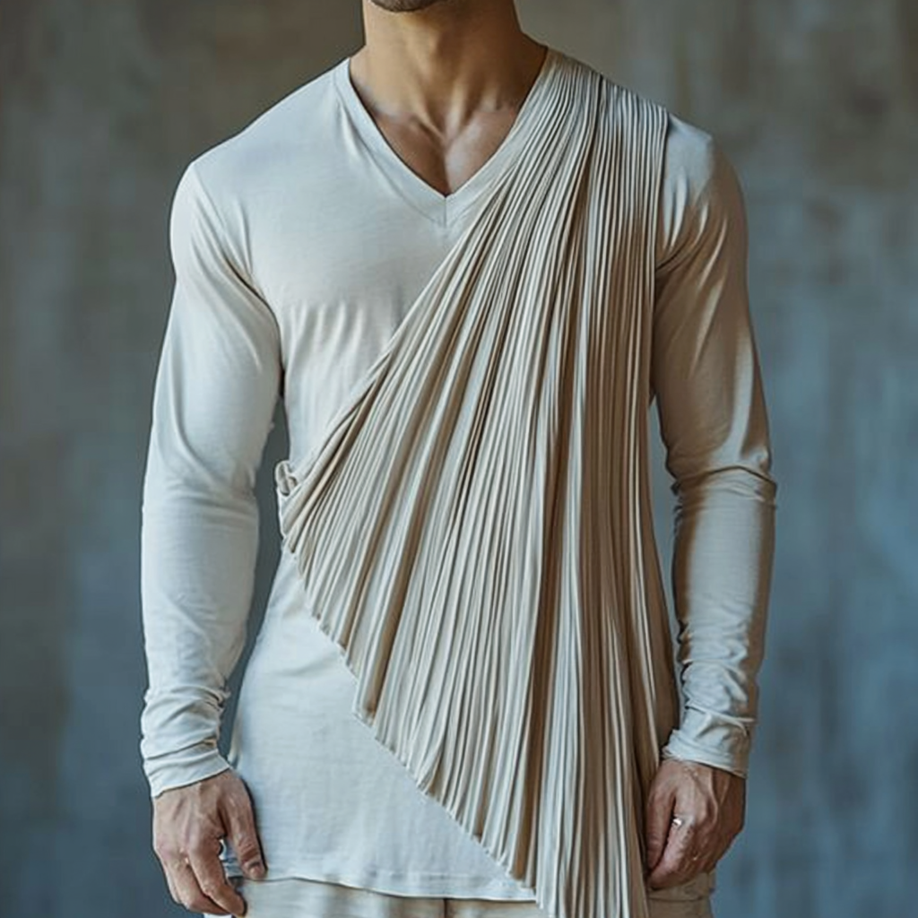 Men's fashionable casual beige pleated V-neck long-sleeved top