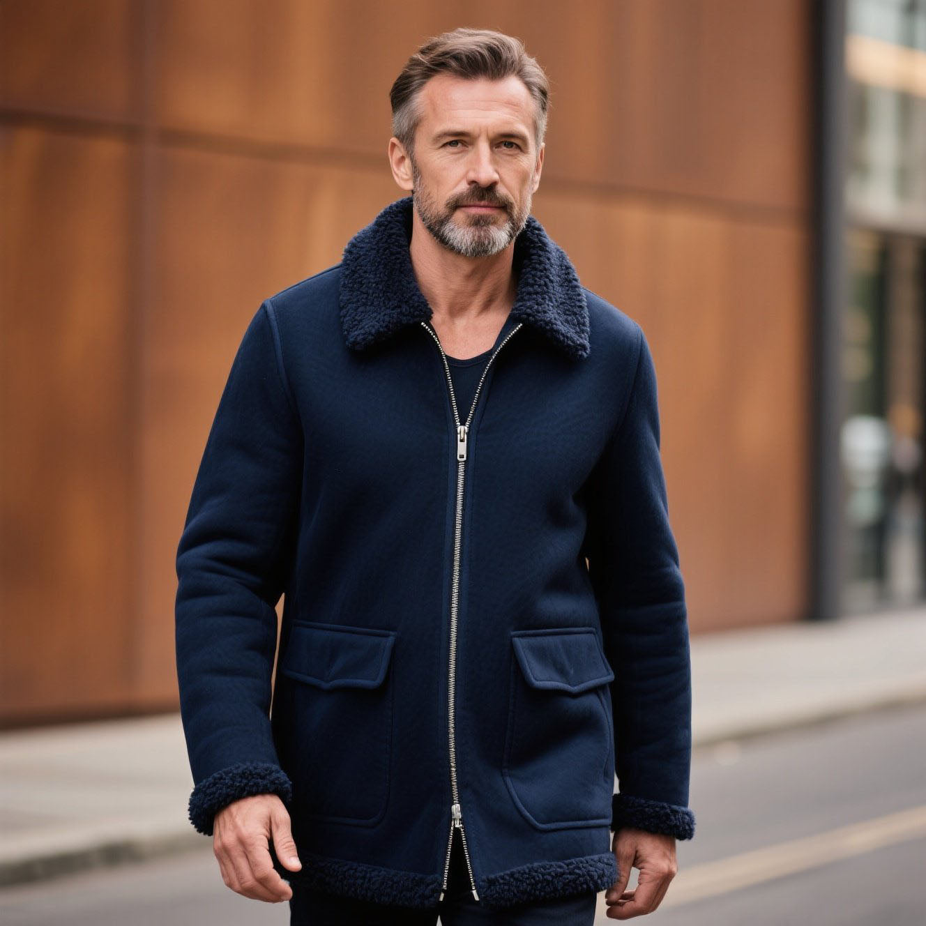 Men's fashionable casual navy blue zipper jacket