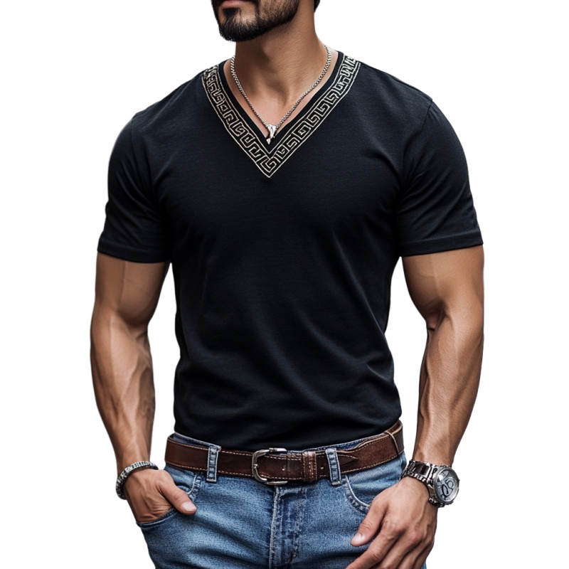 Lässiges Herren-T-Shirt aus Baumwolle mit V-Ausschnitt und Stickerei, schmaler Passform, kurzärmelig
