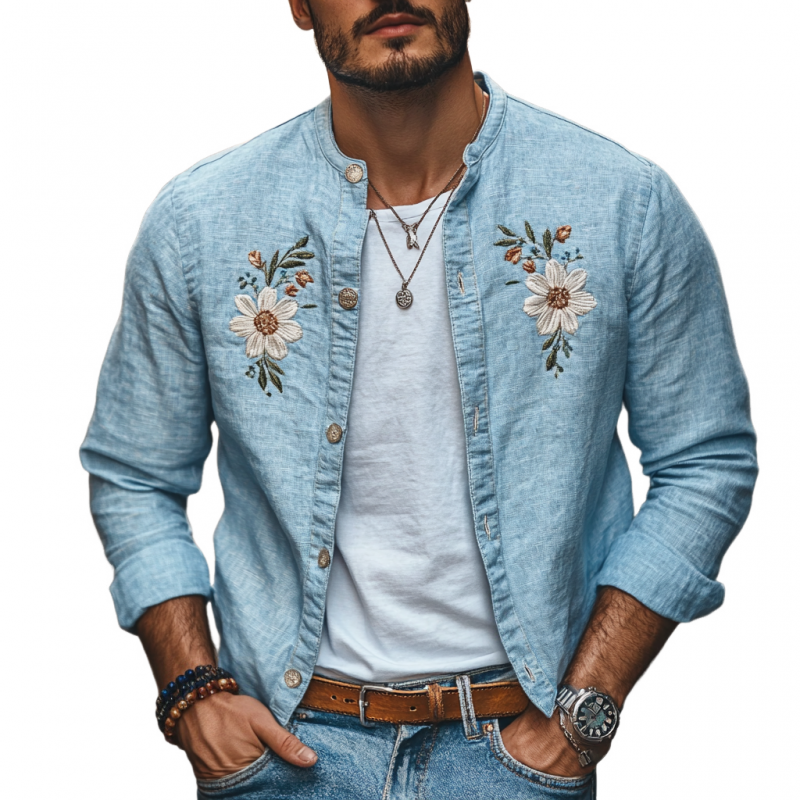Chemise décontractée en lin à manches longues et col montant pour homme, coupe ajustée, avec broderie florale