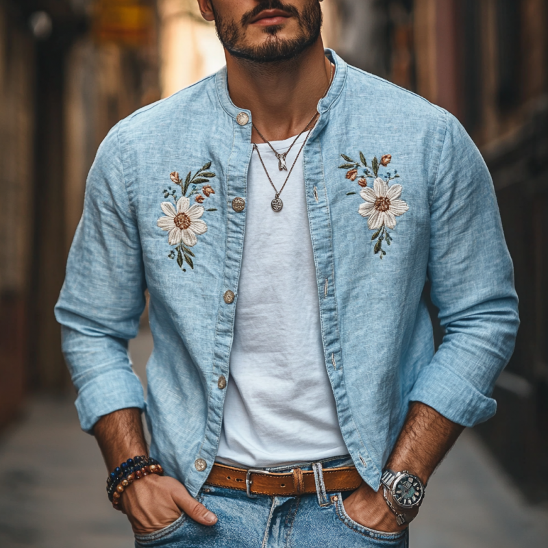Chemise décontractée en lin à manches longues et col montant pour homme, coupe ajustée, avec broderie florale