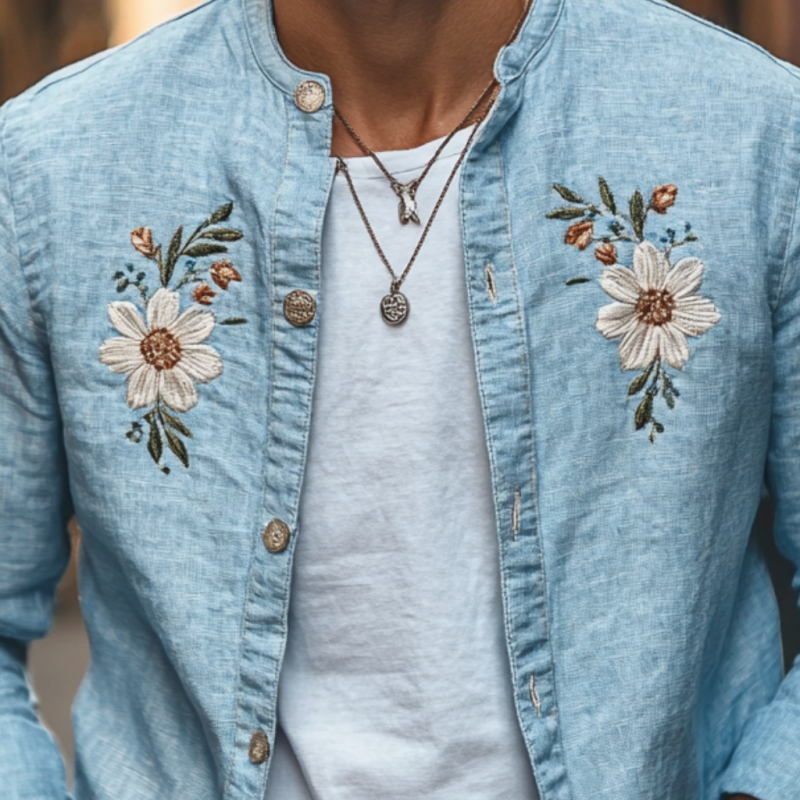 Chemise décontractée en lin à manches longues et col montant pour homme, coupe ajustée, avec broderie florale