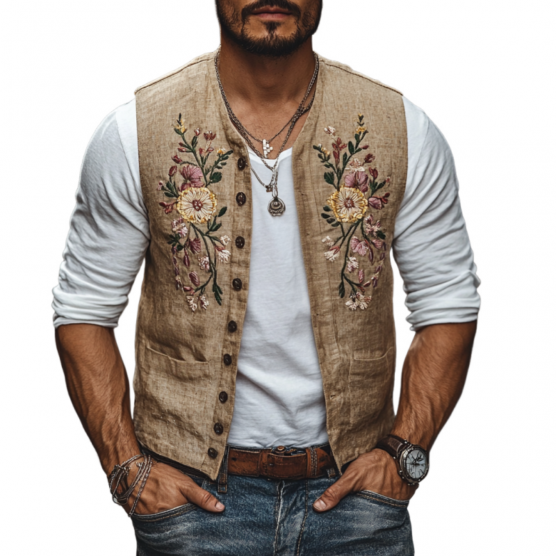 Gilet de costume slim à simple boutonnage en lin pour homme, coupe décontractée, broderie florale
