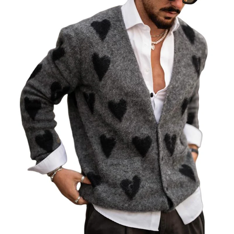 Men's Fashion Heart Graphic V Neck Single Breasted Knit Cardigan