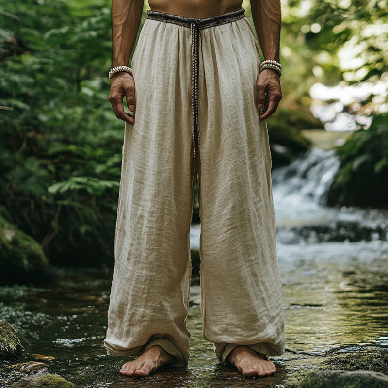 Men's Straight Loose Cotton and Linen Vintage Belt Casual Pants