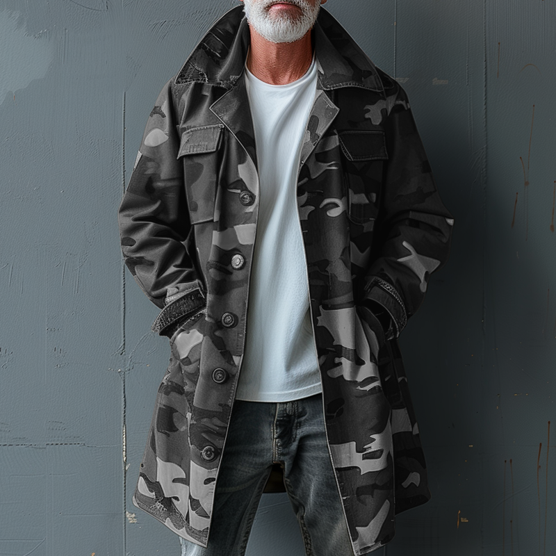 Trench-coat cargo mi-long à revers et poche poitrine camouflage pour homme