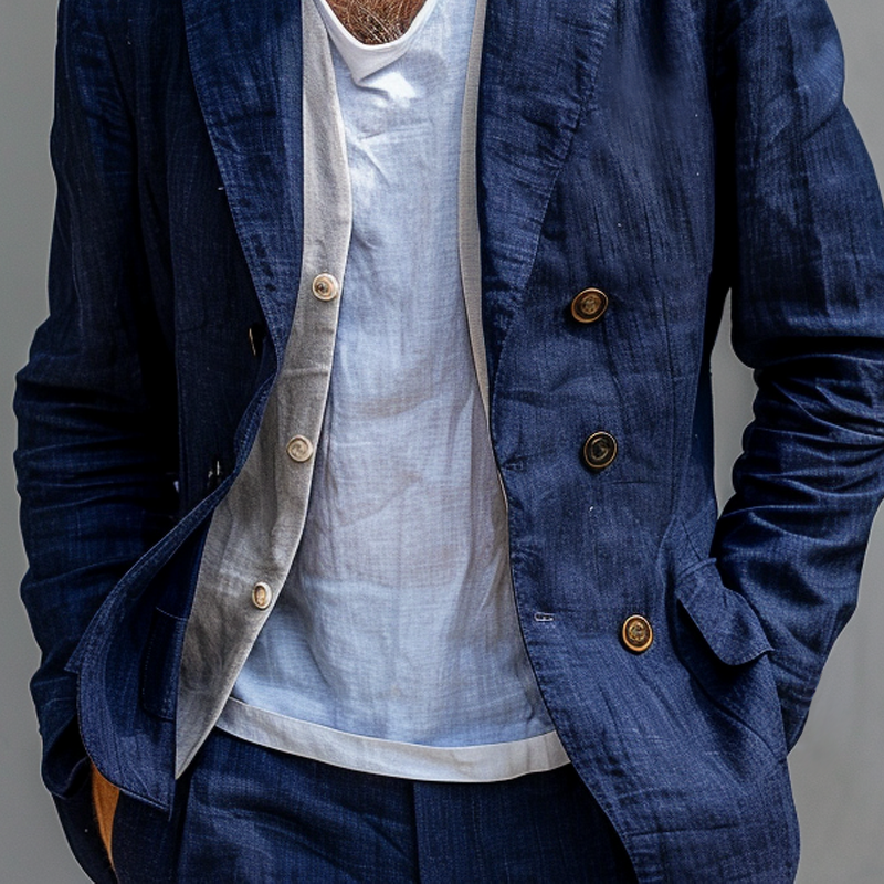 Men's Solid Cotton And Linen Notch Lapel Double Breasted Casual Blazer