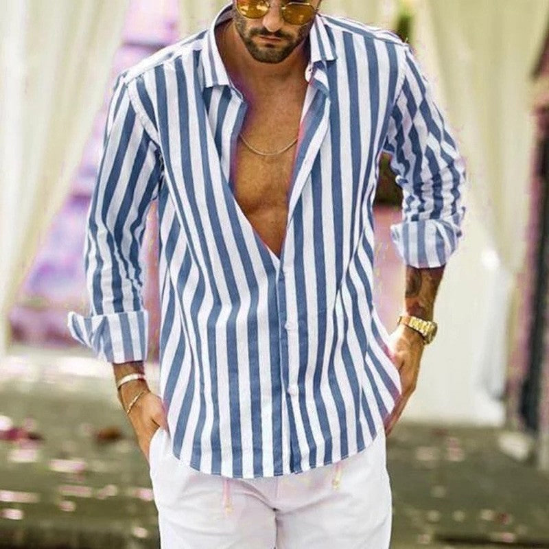 Men's Long Sleeve Striped Lapel Shirt