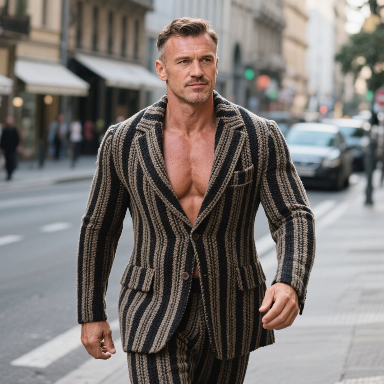Men's fashionable casual striped knitted suit jacket