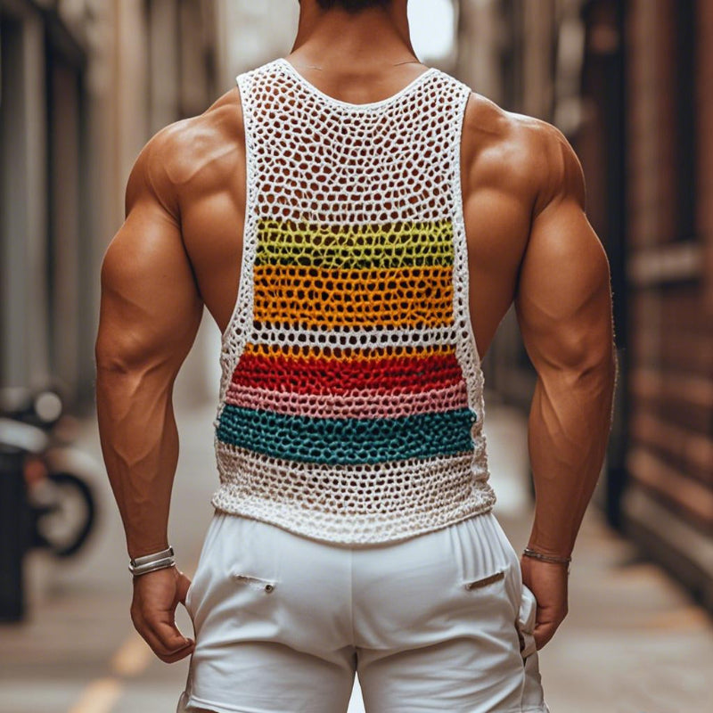 Men's Casual Round Neck Color Striped Crochet Tank Top ASW0774D7M