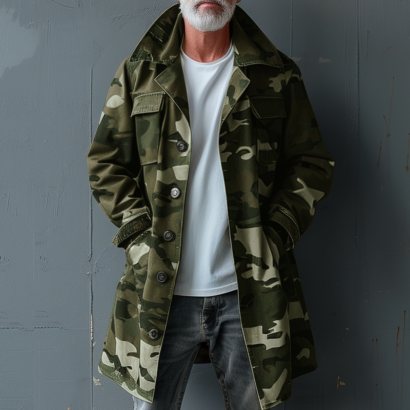 Trench-coat cargo mi-long à revers et poche poitrine camouflage pour homme
