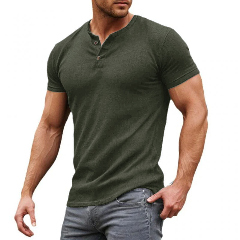 T-shirt décontracté à manches courtes et col Henley pour homme, coupe ajustée, en coton mélangé uni