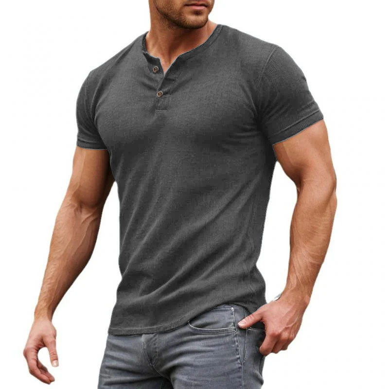 T-shirt décontracté à manches courtes et col Henley pour homme, coupe ajustée, en coton mélangé uni