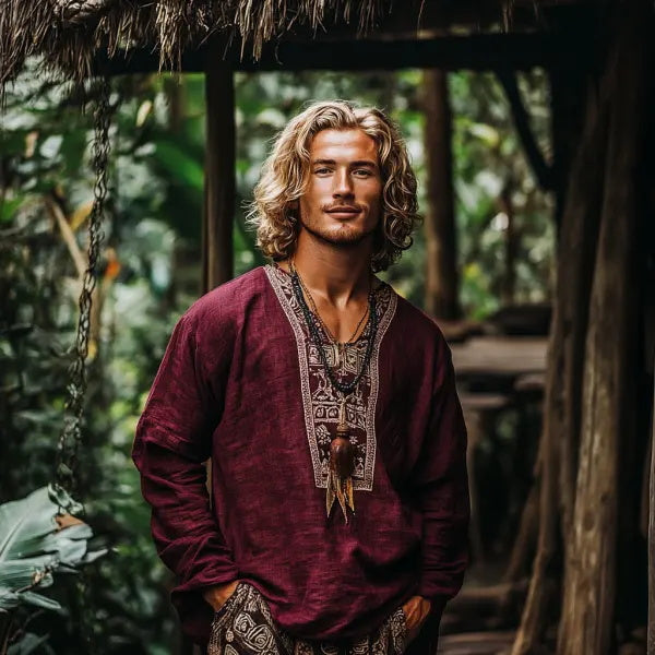 Herren-Oberteil im Bohemian-Urlaubsstil, Vintage-Stil, bedrucktes Leinen, lässig, langärmelig
