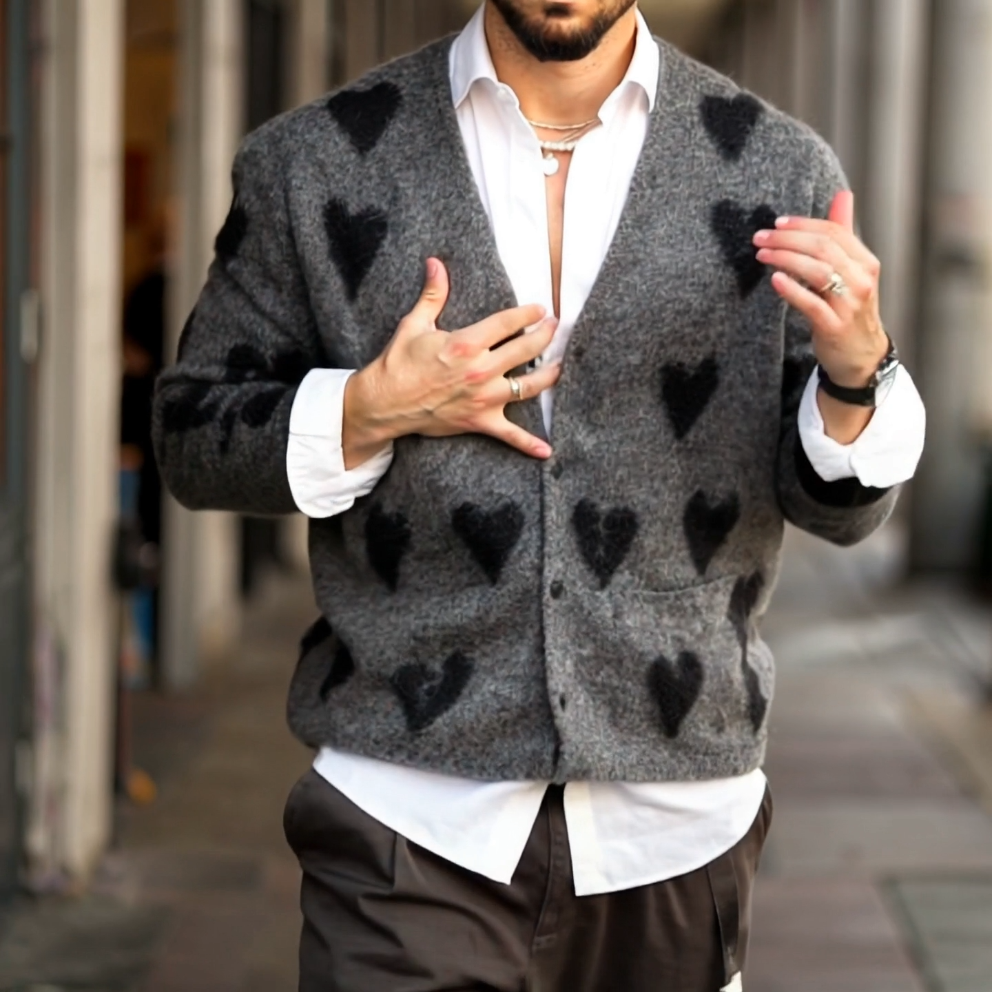 Men's Fashion Heart Graphic V Neck Single Breasted Knit Cardigan