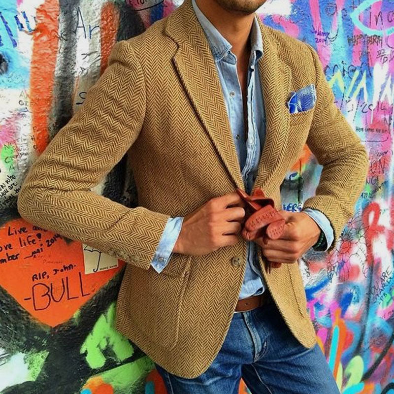 Blazer vintage à revers à chevrons et boutonnage simple pour homme
