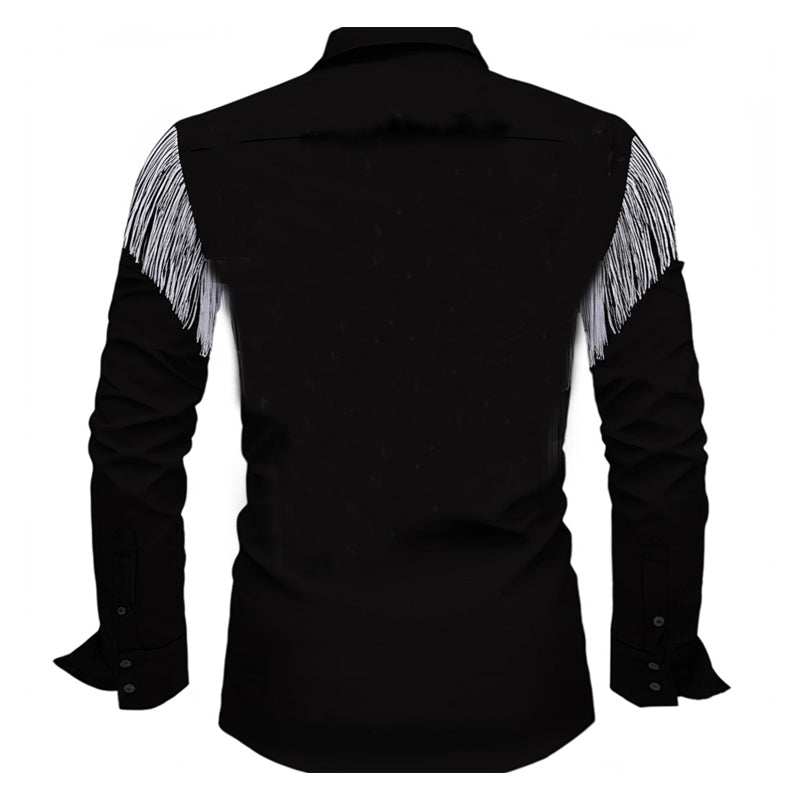 Men's Vintage Embroidered Tassel Long Sleeve Cotton Shirt