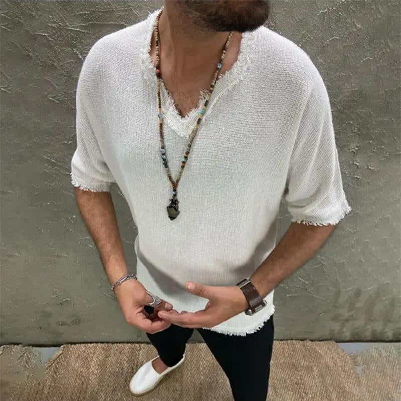 Men's Cotton and Linen Loose V-neck Short-sleeved T-shirt