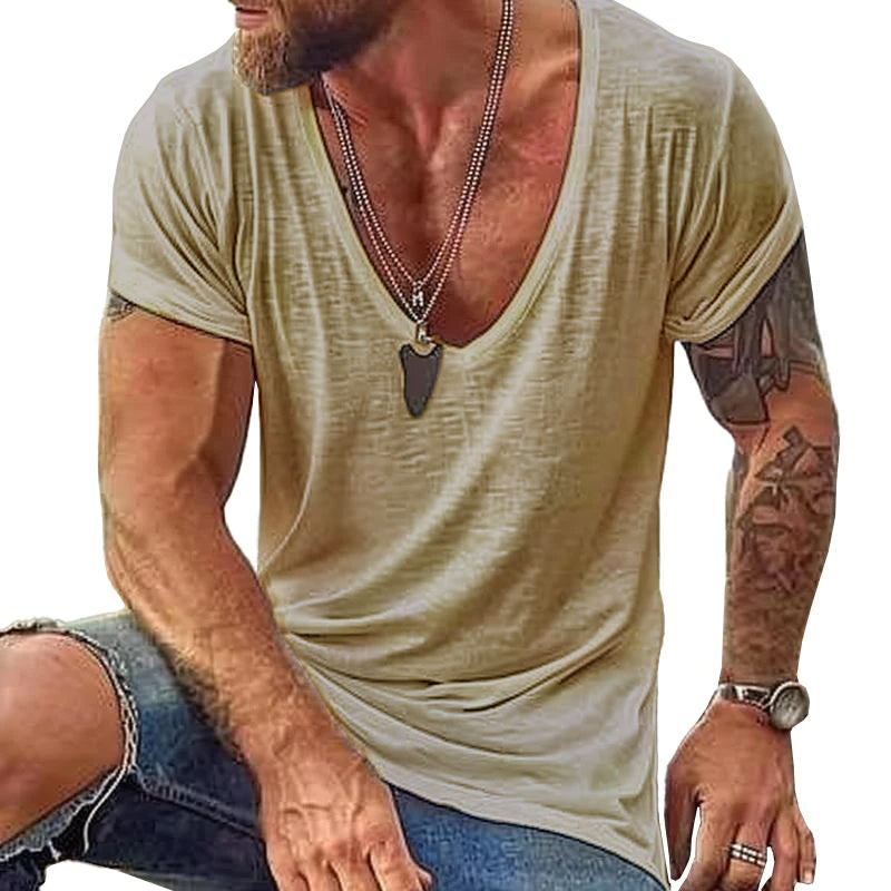 Men's Casual Cotton V Neck Short-Sleeved T-Shirt