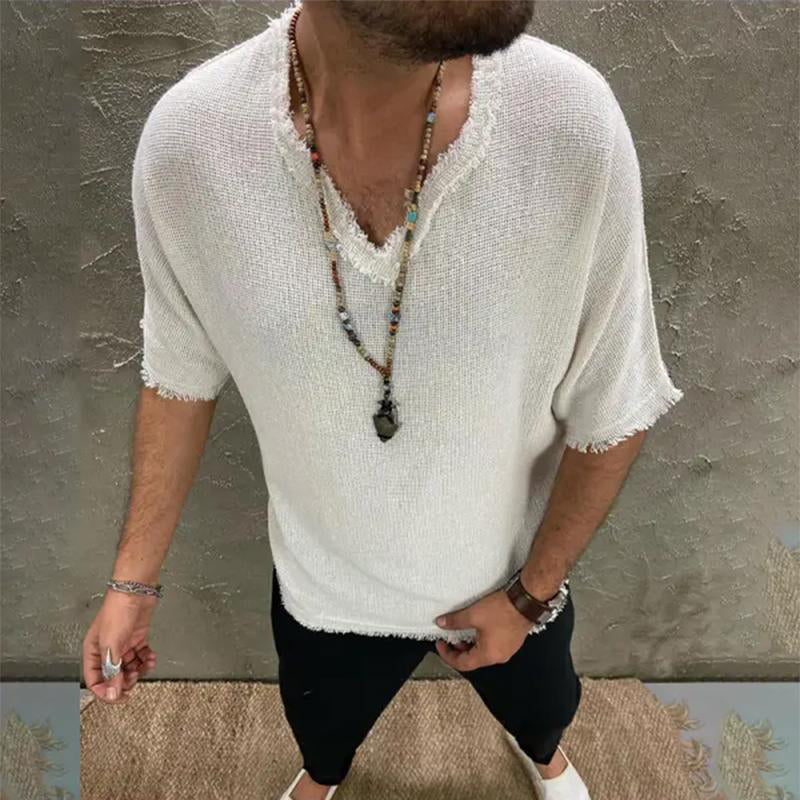 Men's Cotton and Linen Loose V-neck Short-sleeved T-shirt