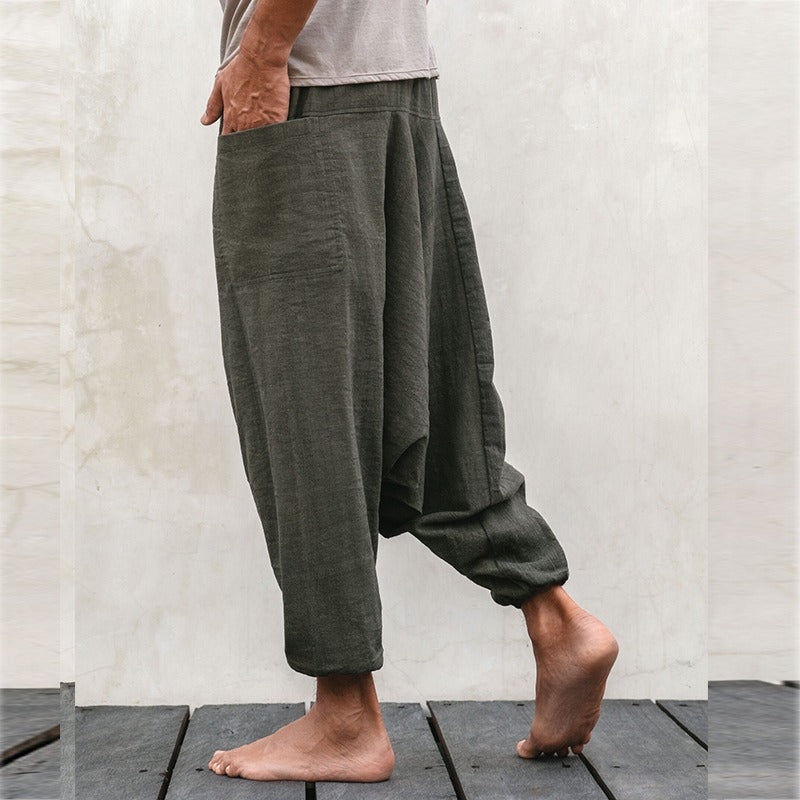 Men's fashionable and casual solid-colored cotton and linen trousers