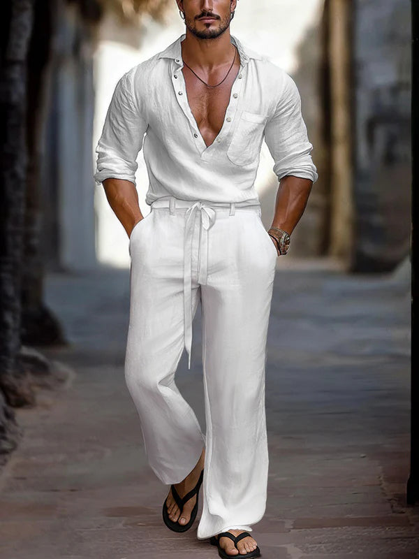 Men's fashionable casual linen shirt set