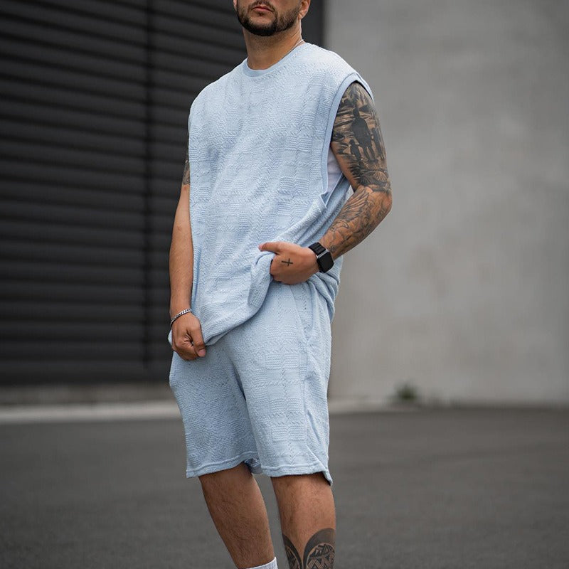 Men's fashionable and casual sky blue jacquard vest set