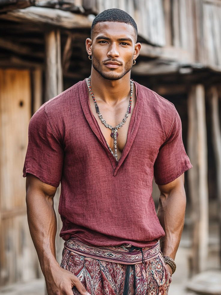 T-shirt à manches courtes rouge vin pour homme, tendance et décontracté