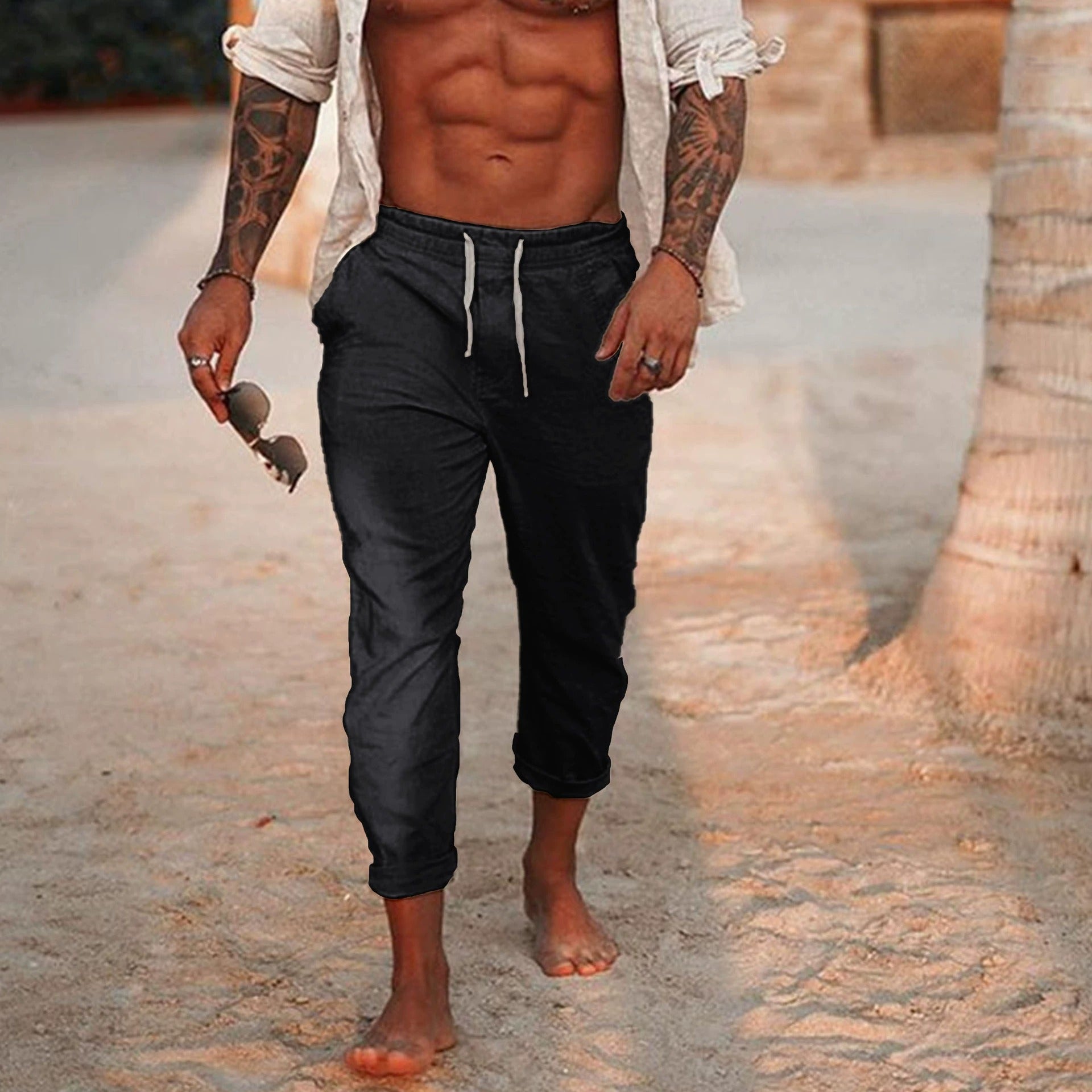 Men's fashionable and casual Bohemian-style cotton and linen trousers